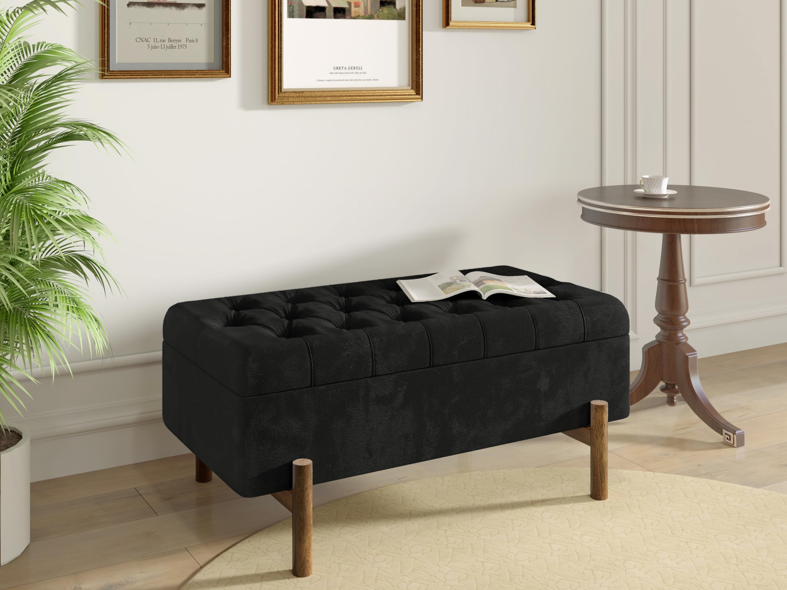 Niccae Velvet Ottoman Storage Stool, with Hidden Storage Space, Perfect for Bed End Stool, Bedroom Stool, Casual Stool, Corridor Stool, or Shoe Changing Stool (Black)
