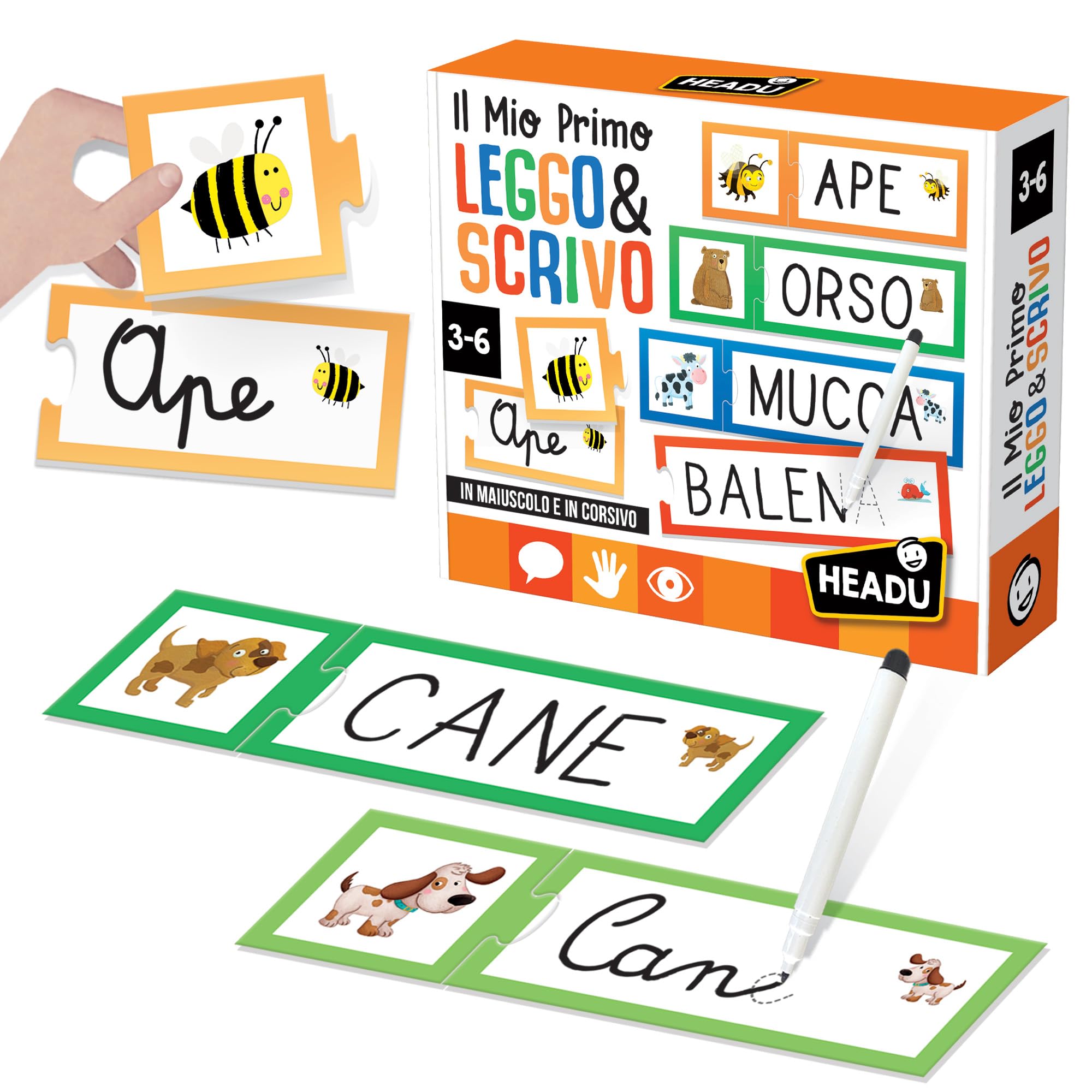 HEADU - Il Mio Primo Leggo e Scrivo, Imparo a Leggere e Scrivere a tre anni, Un Gioco Educativo per Bambini dai 3 ai 6 anni, Made in Italy