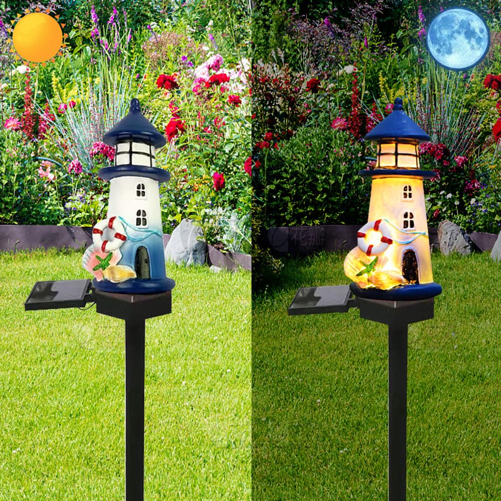 Luci solari blu e bianche del faro, lampada da terra carina della casa della decorazione del giardino e del cortile della resina, Luci LED senza fili da crepuscolo a alba impermeabili.