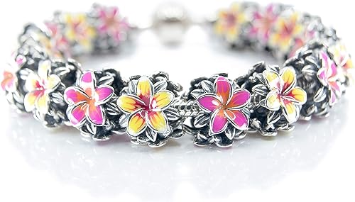 Miniatura 9 de Flor tropical roja y amarilla Plumeria Frangipani Flower Sterling Silver Charm Bead S925, Flor tropical hawaiana, flor tropical floreciente, flor de