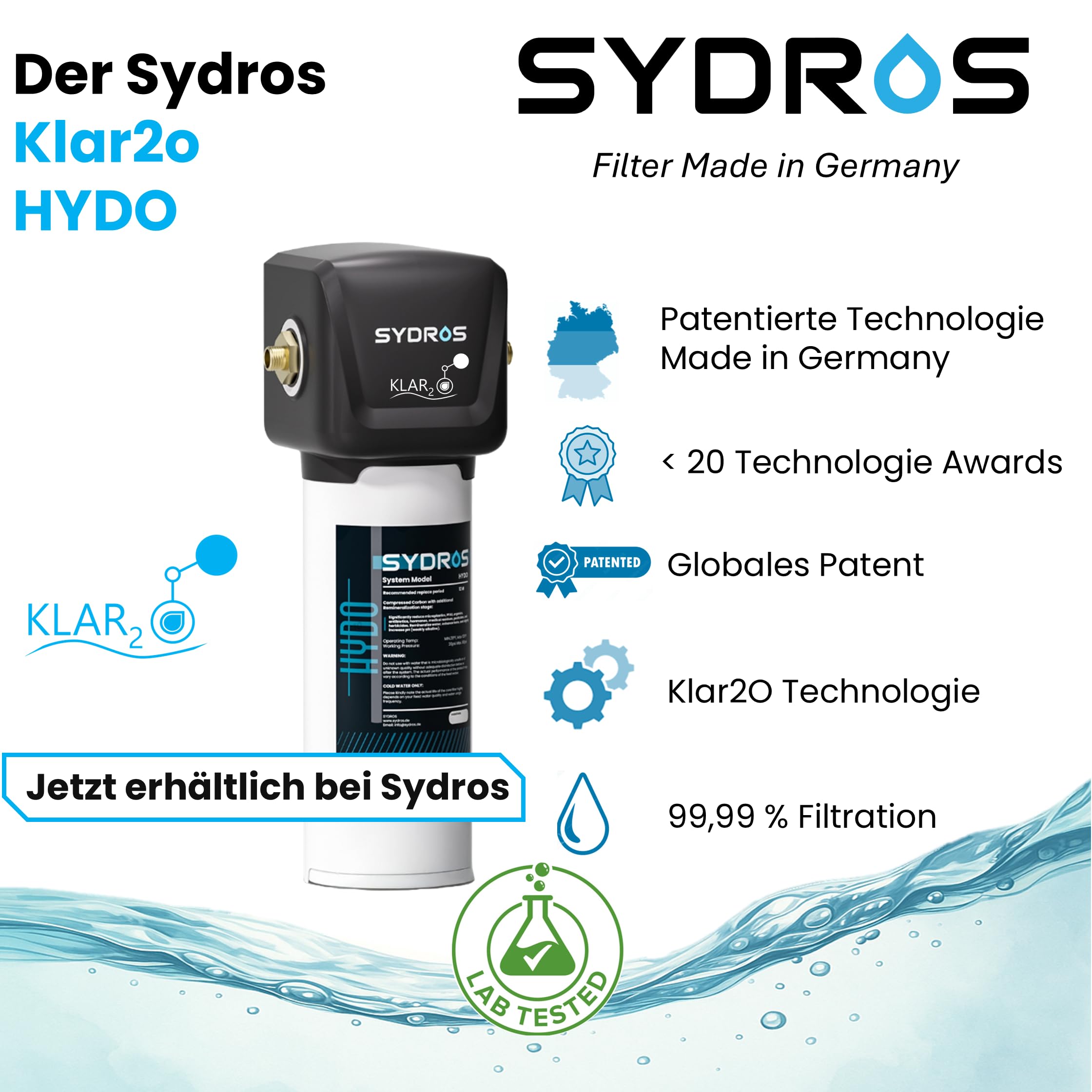 Sydros Hydo Wasserfilter – filtert über 500 Schadstoffe inkl Mikroplastik, Chlor & PFAS + Re Mineralisierung für reines & gesundes Trinkwasser, 3-Stufen Filter