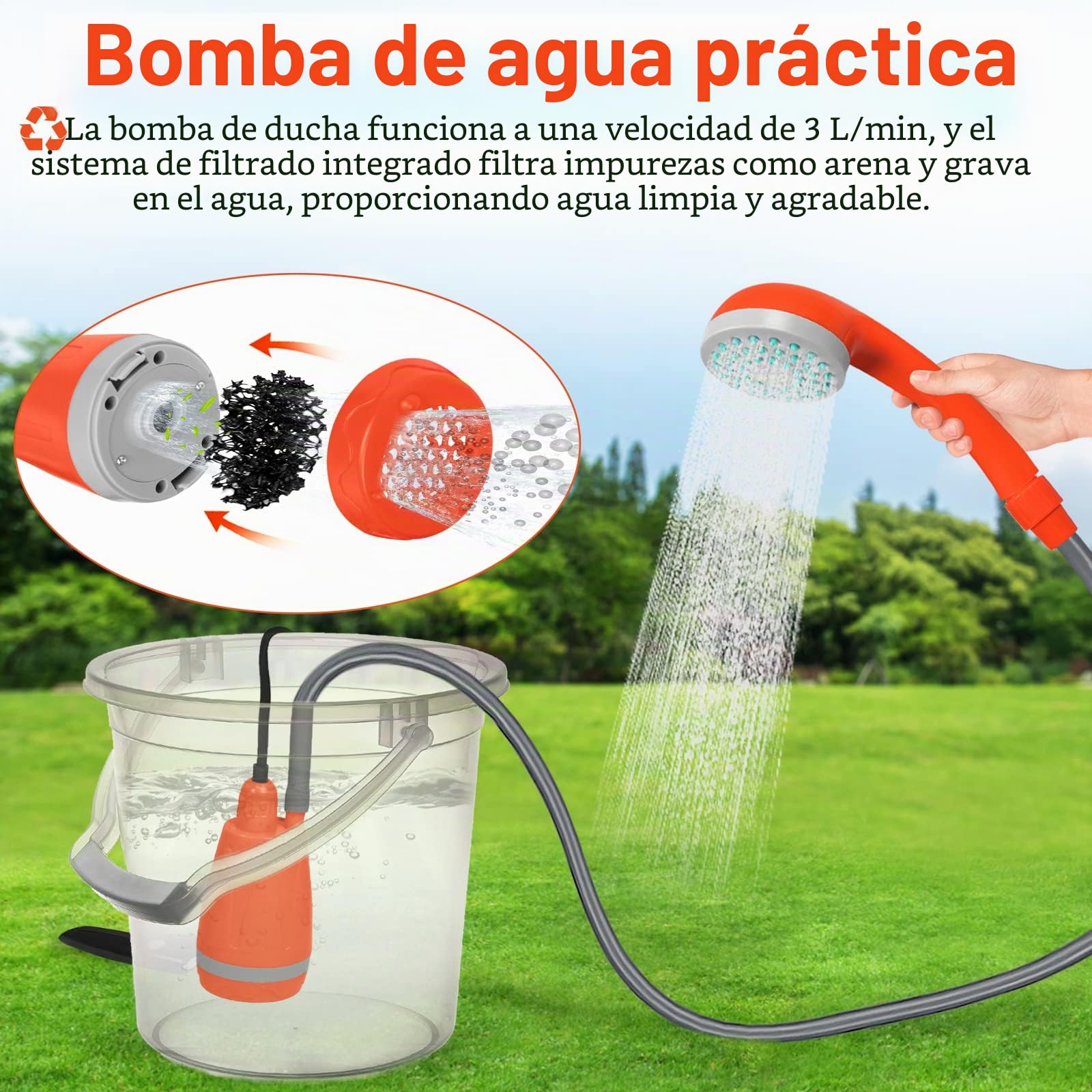 UISEBRT Ducha de camping con bomba de batería – Ducha portátil para camping al aire libre con bomba sumergible recargable, cable de carga USB, para jardín, playa, camping, viajes, lavado de coche,