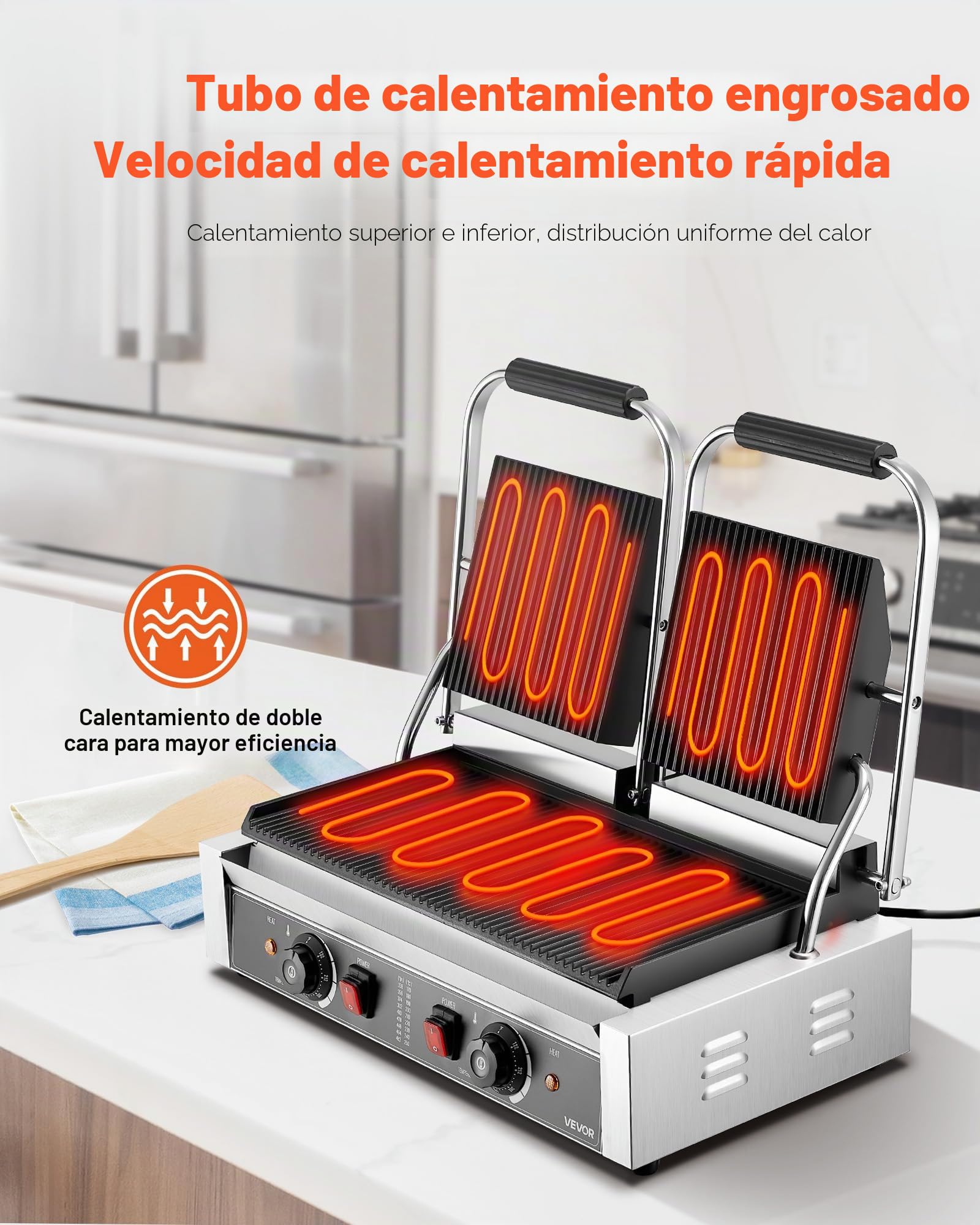 VEVOR Parrilla de Contacto Eléctrica 3600 W para Sándwiches, de Acero Inoxidable, con Control de Temperatura, Doble Placa Esmaltada Acanalada de 48 x 23 cm para Hamburguesas, Filetes y Tocino