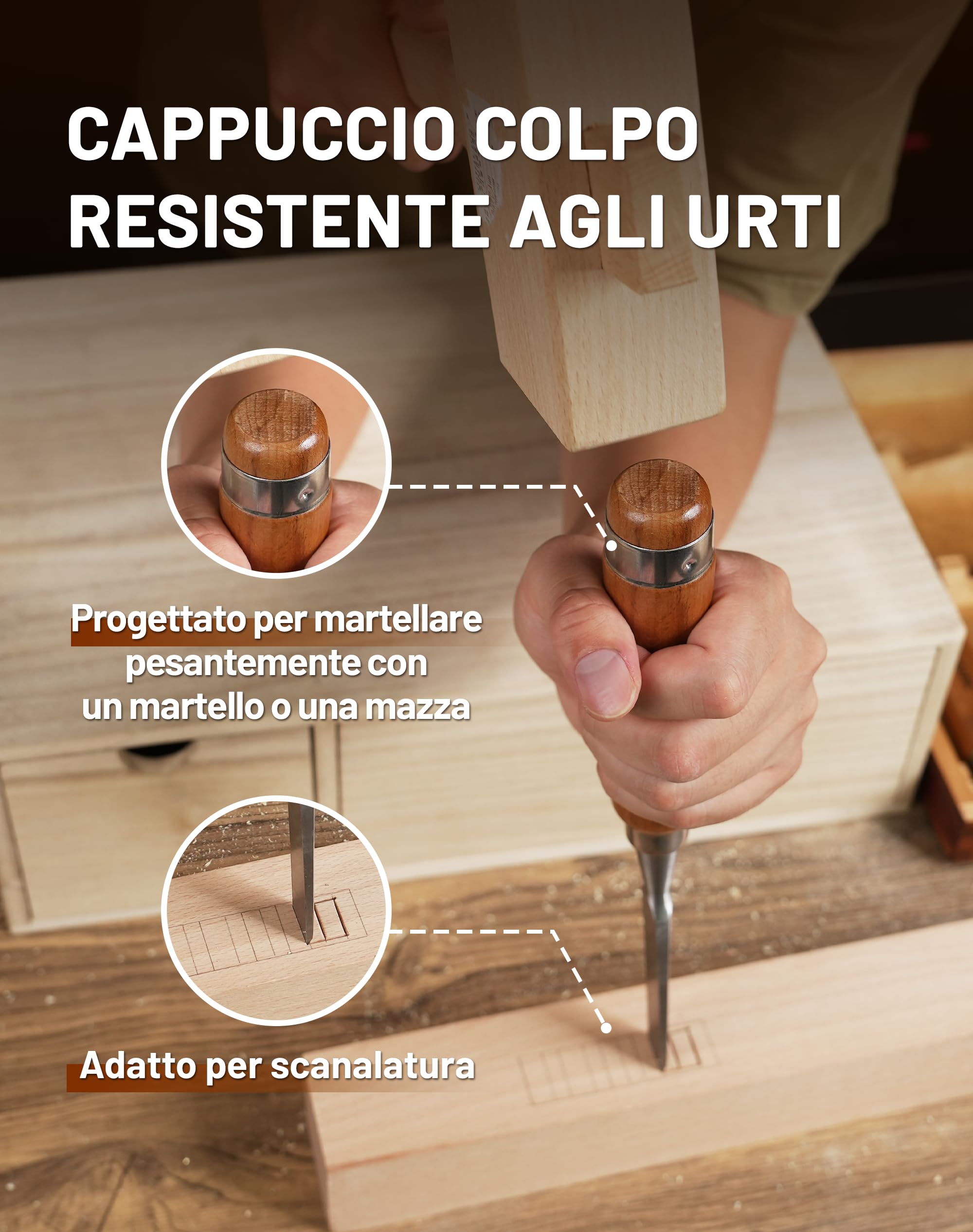 EZARC Set di Scalpelli per Legno Professionali, Set di 6 Scalpelli con Custodia in Legno Per Intaglio del Legno, Carpenteria, Rifilatura dei Bordi