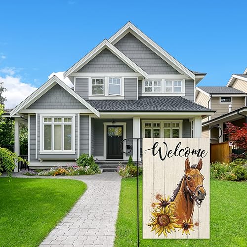 Miniatura 5 de ShuanQ - Bandera de bienvenida de caballo para jardín, bandera de bienvenida de doble cara para el hogar, patio, granja, decoración exterior,