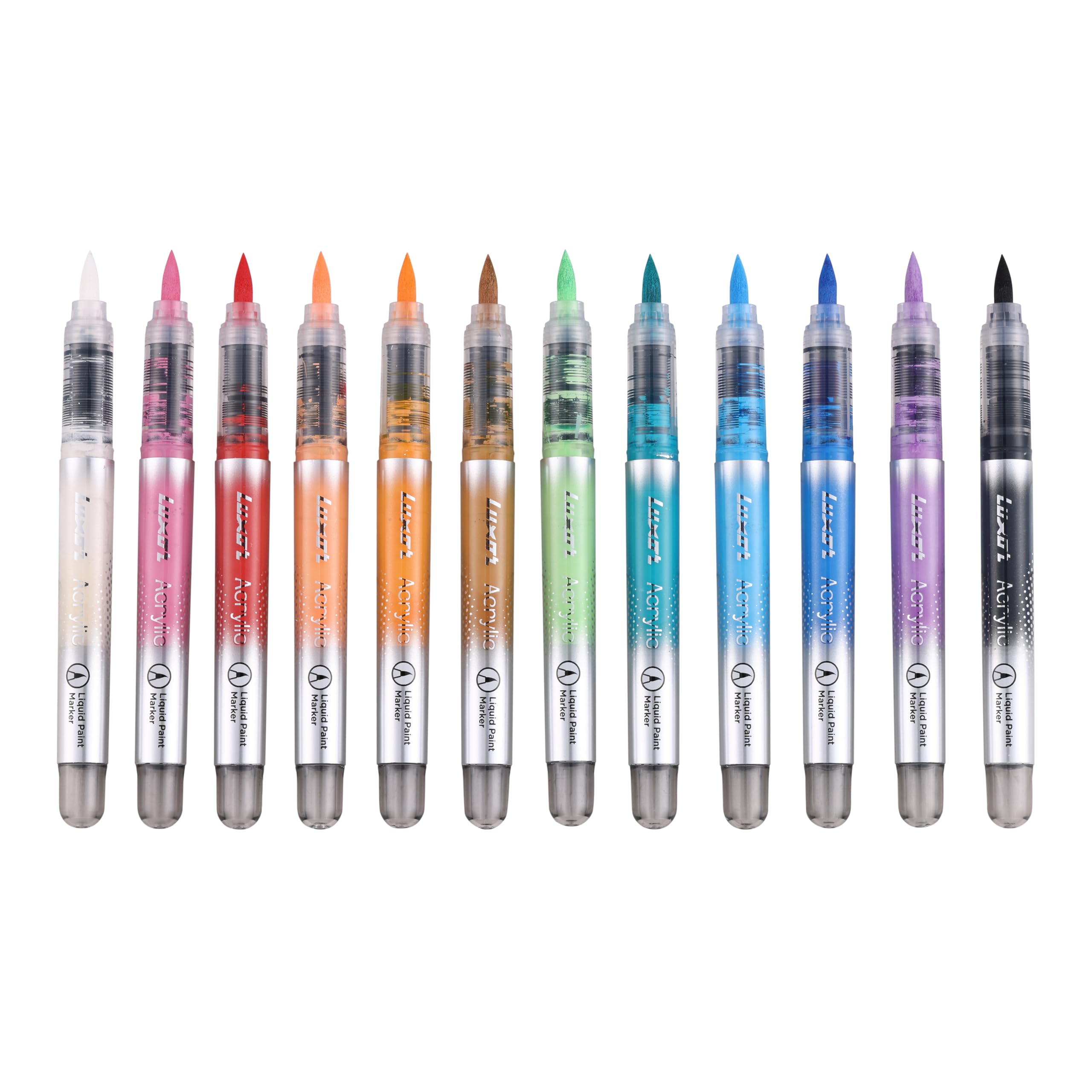 Luxor Acrylfarben-Marker, Set mit 12 Farben, flexible Pinselspitze, Tinte auf Wasserbasis, sicher und ungiftig, für Steinmalerei, Stoff, Holz, Handwerk, Keramik und Leinwand