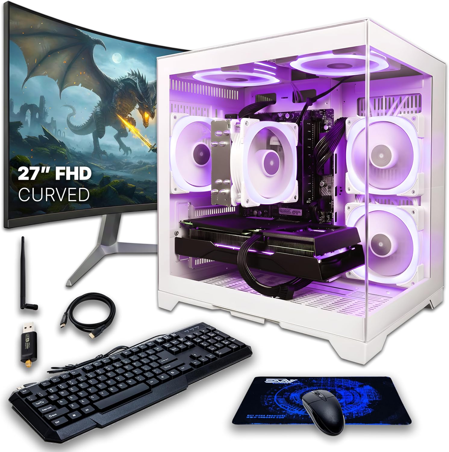 SAAV CORE Prebuilt Gaming PC Bundle Desktop Tower AMD Ryzen 7 5800X Radeon RX 9060 XT 8GB GDDR6 Curved 27in Monitor 32GB DDR4 1TB NVMe SSD WiFi 6 Windows 11 White RGB Computer PC Gaming
