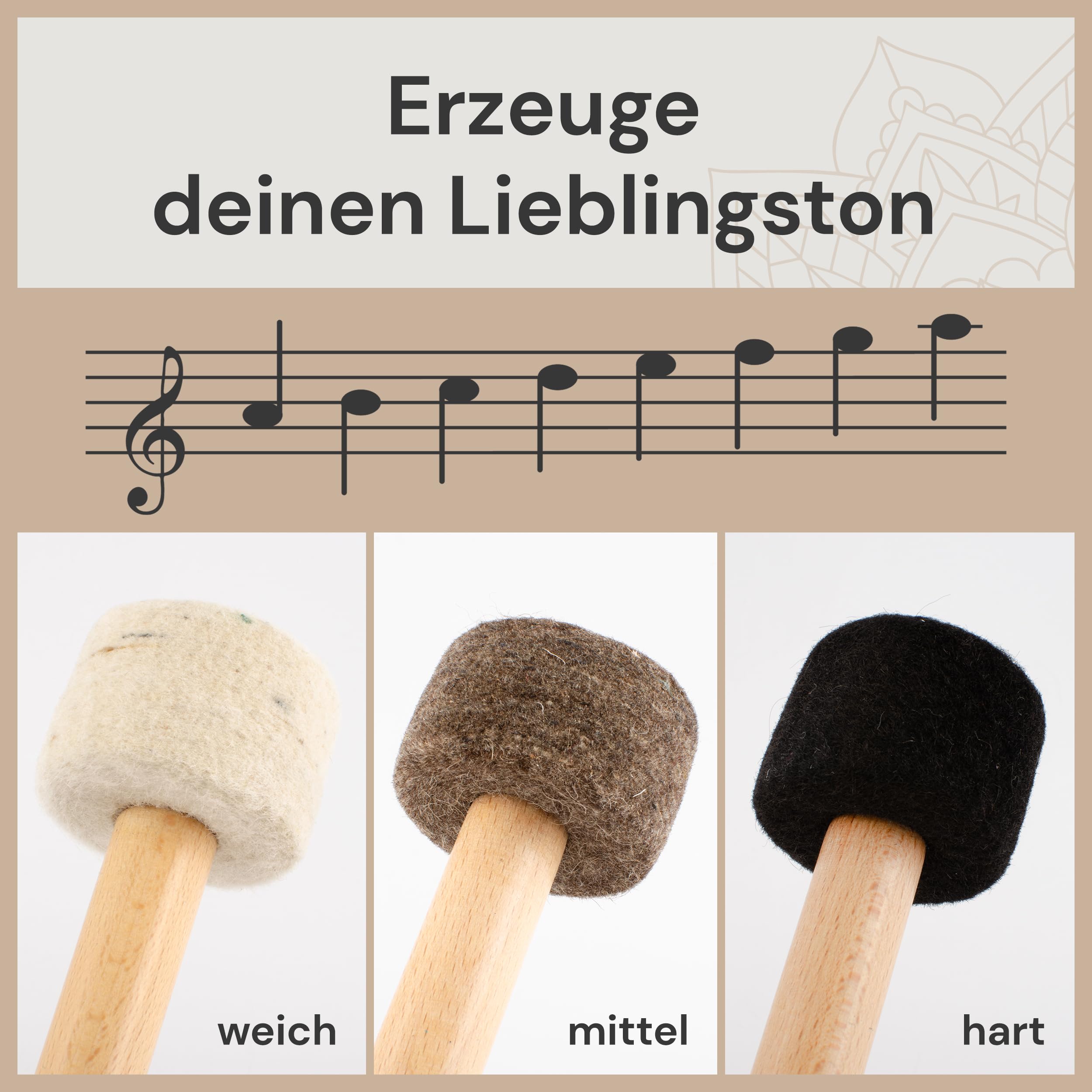 Schlägel/Klöppel mit hartem Filzkopf Ø 3 zum Anschlagen von Klangschalen und Gongs. 23 cm langer Stiel aus natürlichem Rosenholz. Fertigung ohne Schraube. Für professionelle Ansprüche.