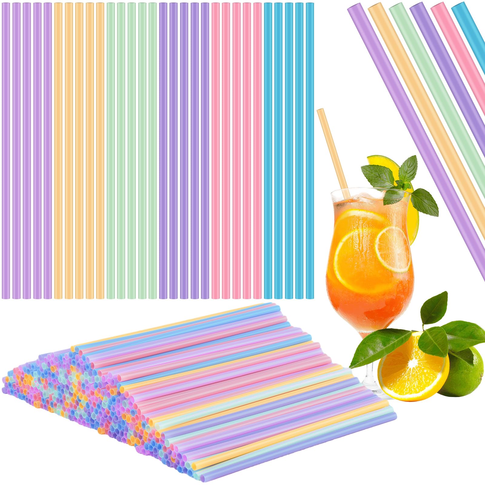 Hushee 500 Pcs Plastic Straws Disposable Bulk Colorful Drinking Straws Pastel Disposable Plastic Sip Stir Sticks for Juice Daily Drinks 7.9" Long and 0.23'' Diameter(Straight Design,Light Color)