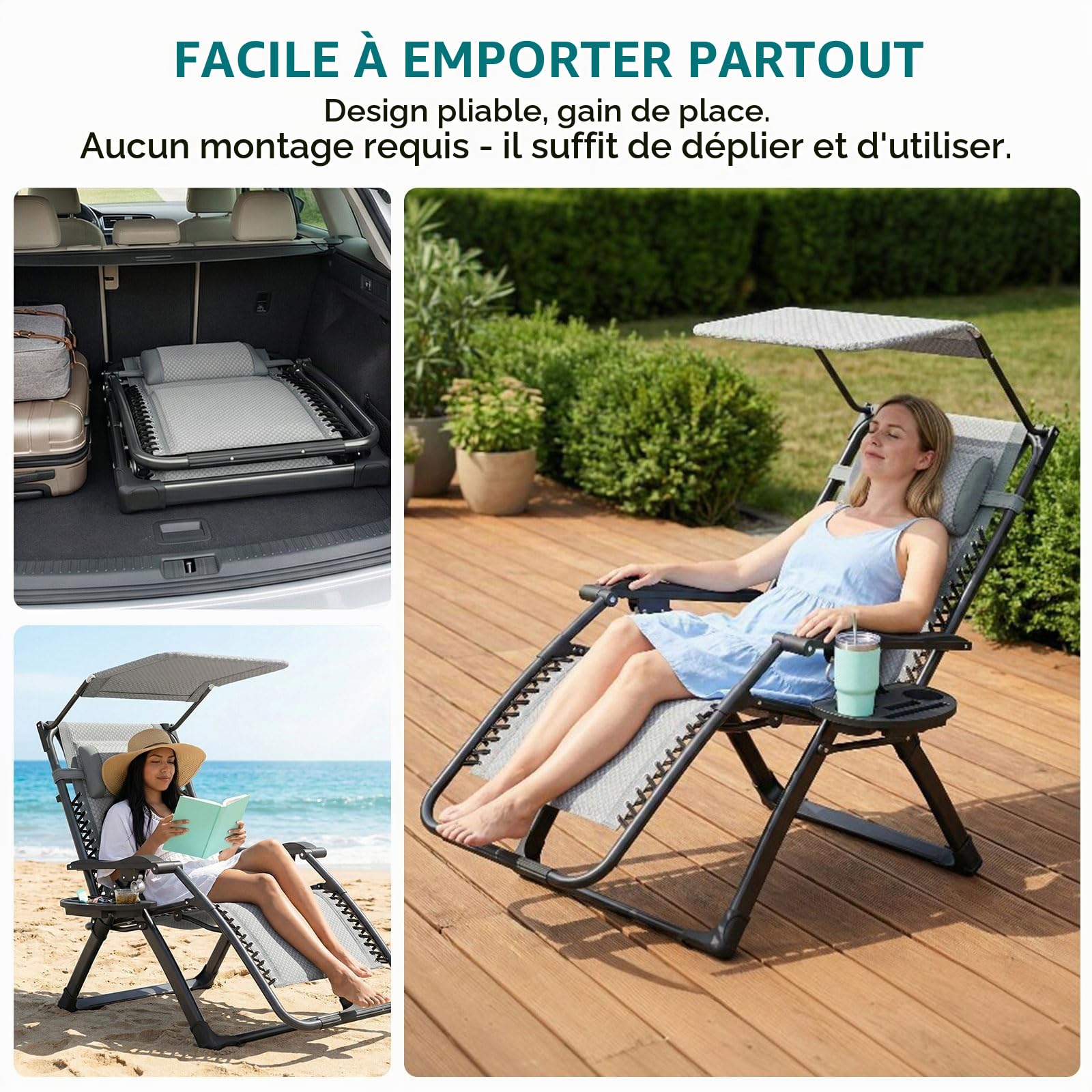 ATORPOK SHOP Chaise longue pliante avec toit pare-soleil, appui-tête et porte-gobelet pour jardin, piscine et plage (gris)
