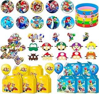 Super Mario Party Favors,100pcs Mario Bros Party Favors Packs - Mario Masks Kids Party Boxes Badge Wristband Masks & Super Mario Balloons Sticker etc Mario Themed Party Favors for Boys Kids