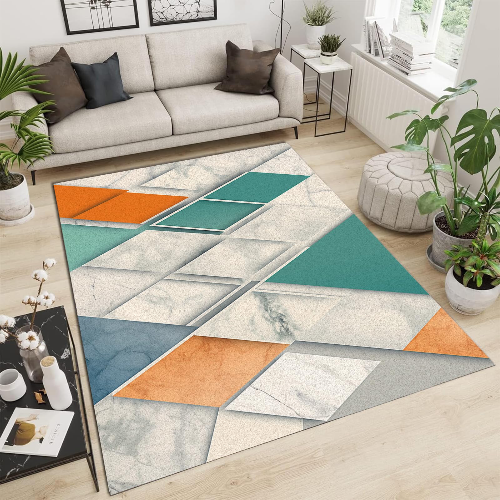Grand tapis de salon géométrique et antidérapant à poils ras pour chambre adulte