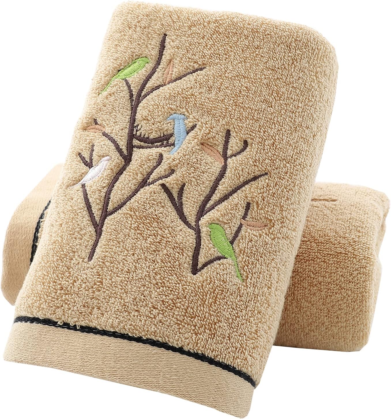 Pidada Hand Towels Set of 2 Embroidered Bird Tree Pattern 100% Cotton Absorbent Soft Decorative Towel for Bathroom 35 x 75 cm (Brown)