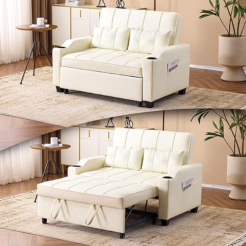 VINGLI Beige Loveseat Sleeper Sofa, Convertible Futon Sofa Bed Faux Leather Pullout Couch Bed with USB Ports, Cup Holders, Armrest for Living Room, Bedroom, Home Office Apartment