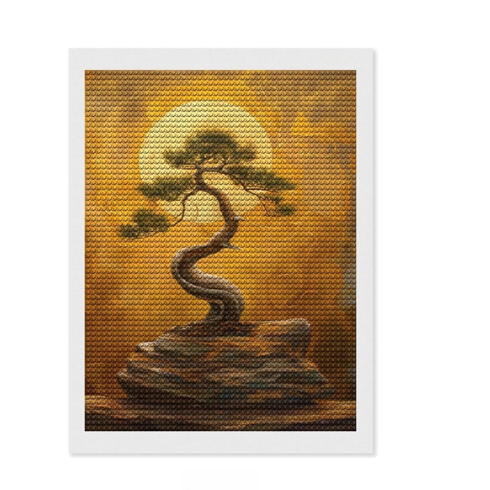 Junmoney Golden Harmony Bonsai Tree Diamond Art Canvas 12"x16", for Women, Simple to Start, Modern Decor, Gift Idea, Nice Detail and Sparkle