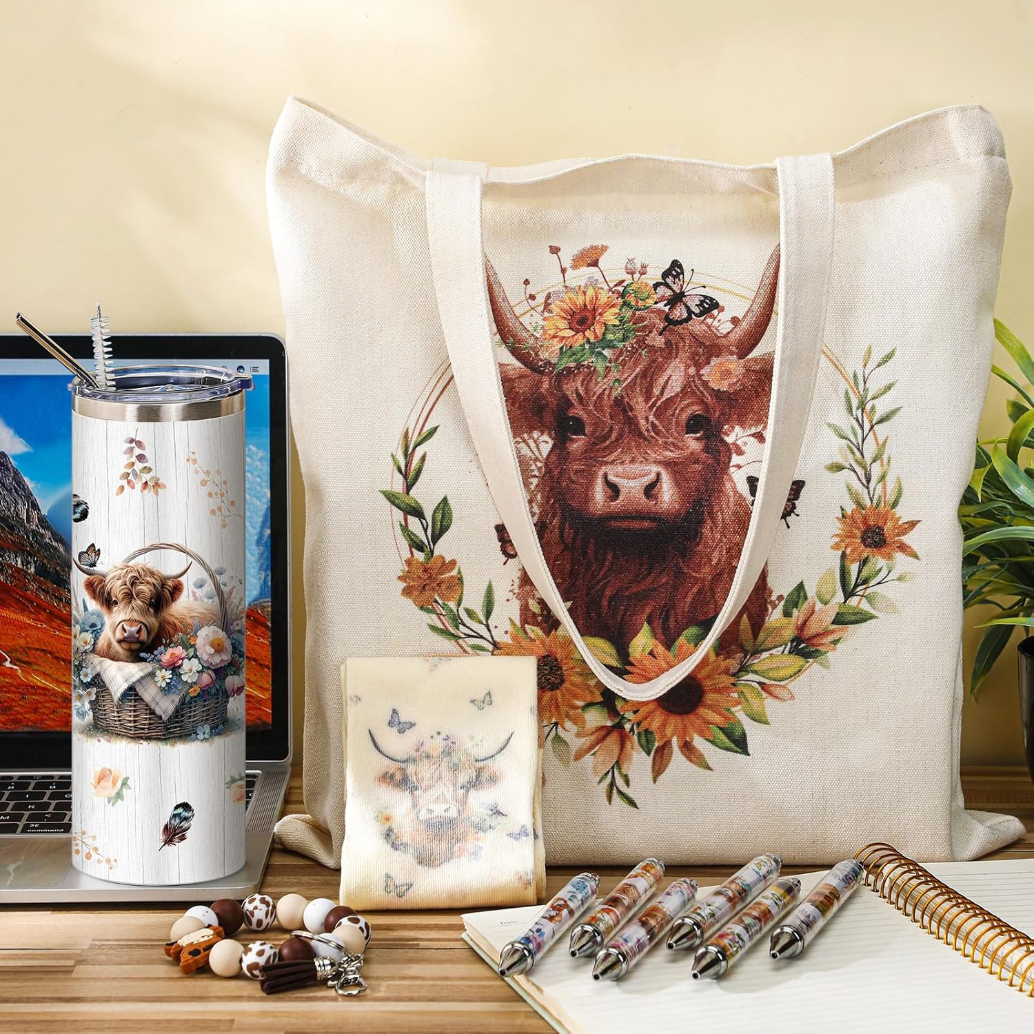 Skylety 5 Pcs Highland Cow Gifts Set for Women 20 oz Tumbler Floral Canvas Bag Pen Socks Silicone Keychain for Mom Sister Cow Lover Cute Christmas Birthday Gifts(Sunflower) - Image 4