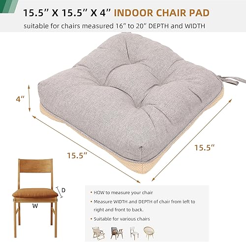 Miniatura 4 de Paquete de 4 cojines caqui para silla, cojines de asiento interiores de 15.5 x 15.5 pulgadas, almohadillas de espuma viscoelástica copetuda para