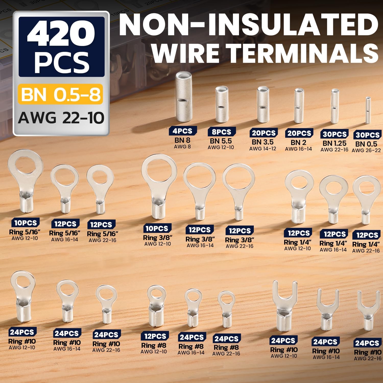 haisstronica Crimping Tool Kit with Non Insulated Wire Connectors, 420Pcs AWG 26-8 Uninsulated Butt Splice Ring Fork Terminals Assortment and Wire Crimper Tool