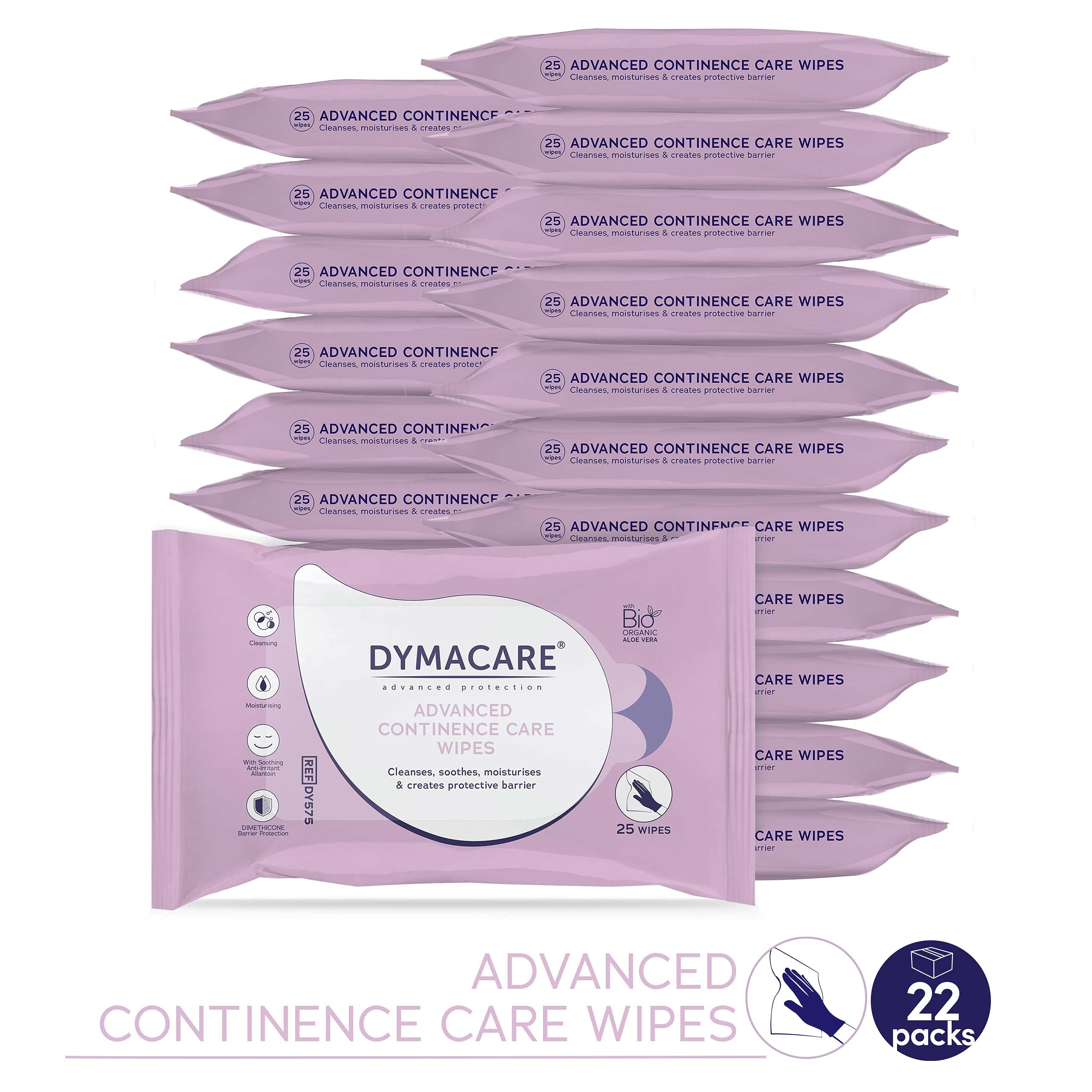 DYMACARE Advanced Kontinenzpflegetücher | Adult Premium Einweg-Inkontinenz-Feuchttücher zur Hautreinigung mit Schutzcreme & Aloe Vera | 22 Packungen (insgesamt 550 Tücher)