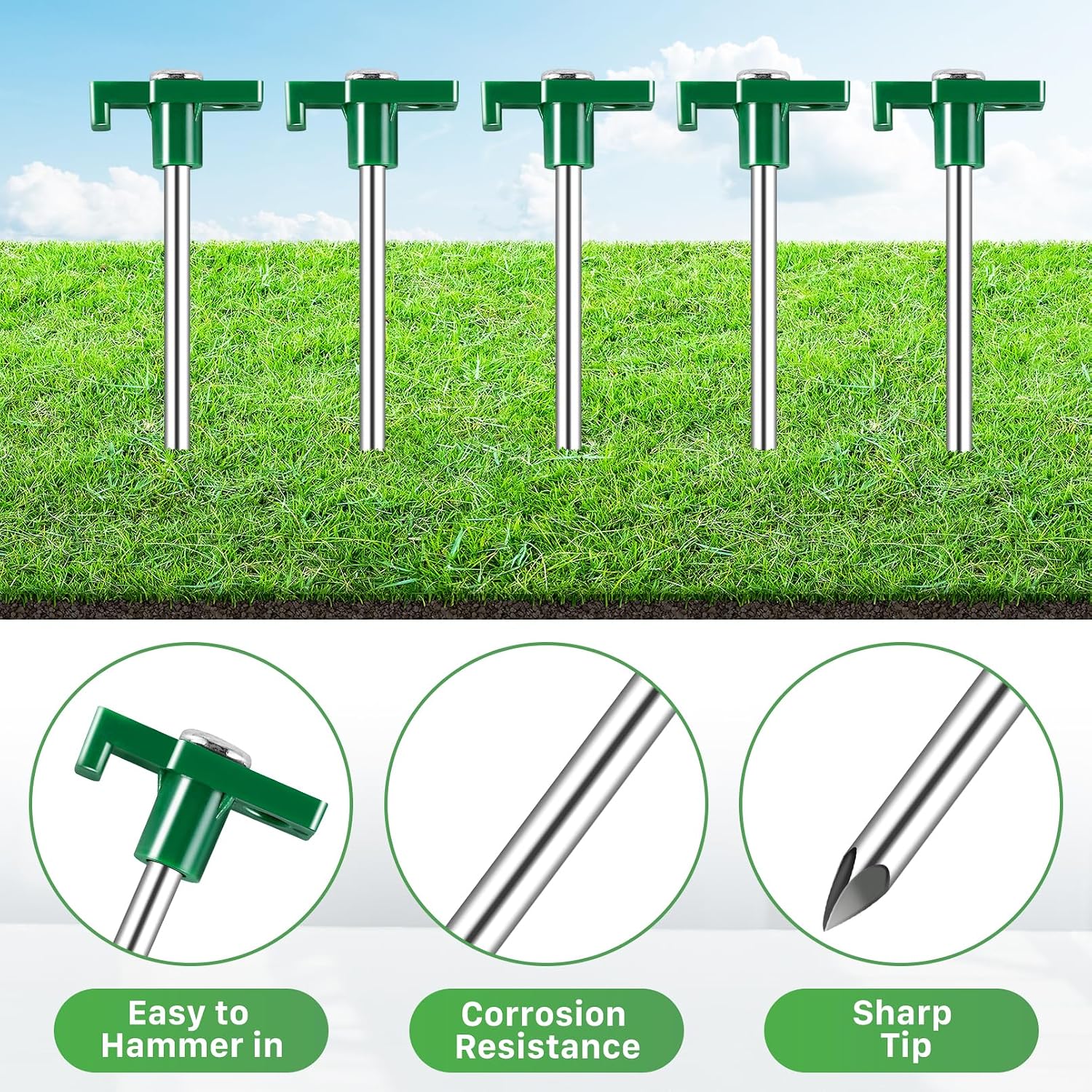 20 Pack Tent Stakes Heavy Duty, 9.6 Inch Camping Stakes, Non-Rust Metal Tent Pegs, Ground Stakes Yard Stakes with Drawstring Bag for Camping Backyards Outdoor Picnic (Green)