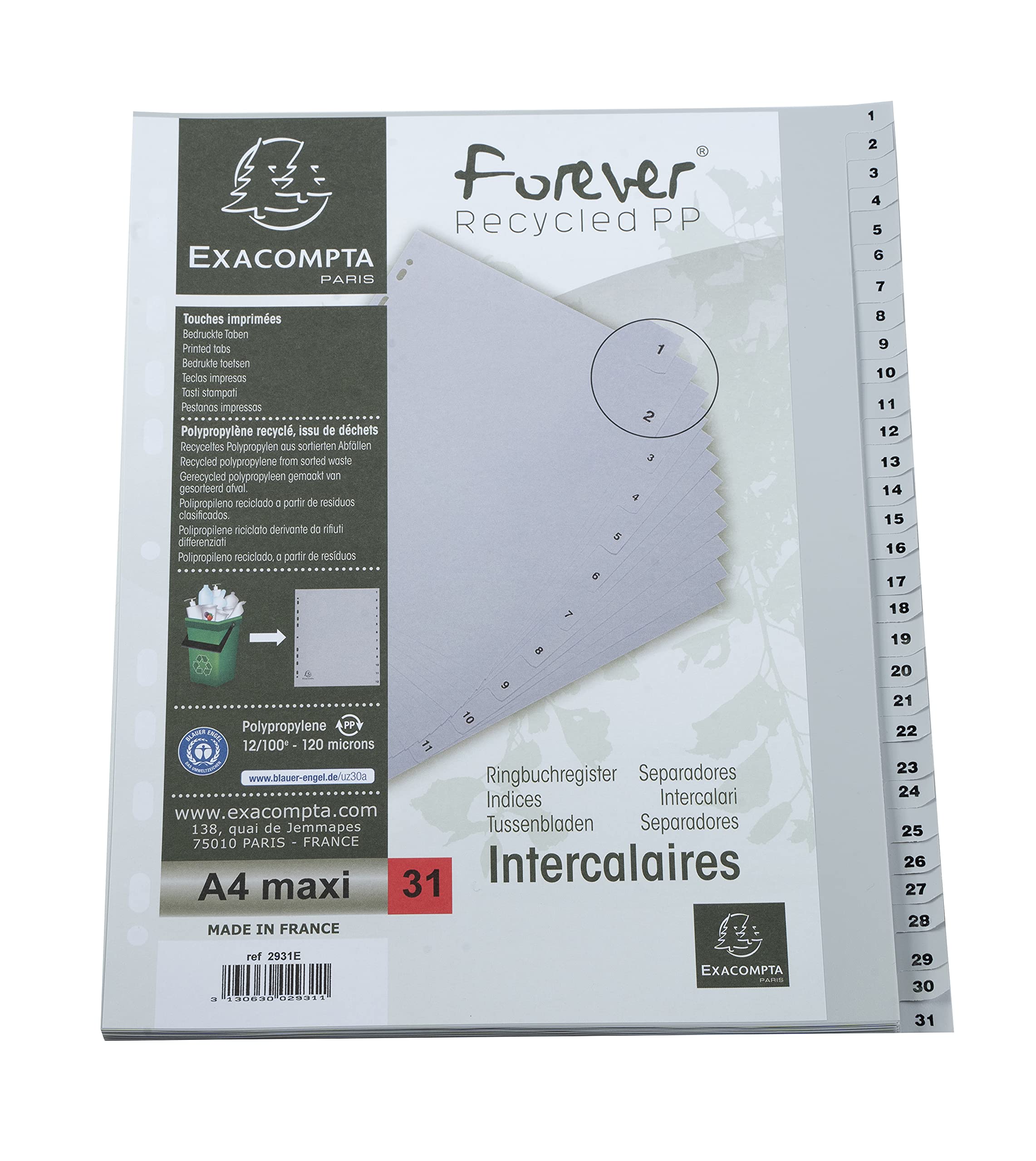 Exacompta A4 Maxi Grey Polypropylene 1-31 Divider 5 Pack