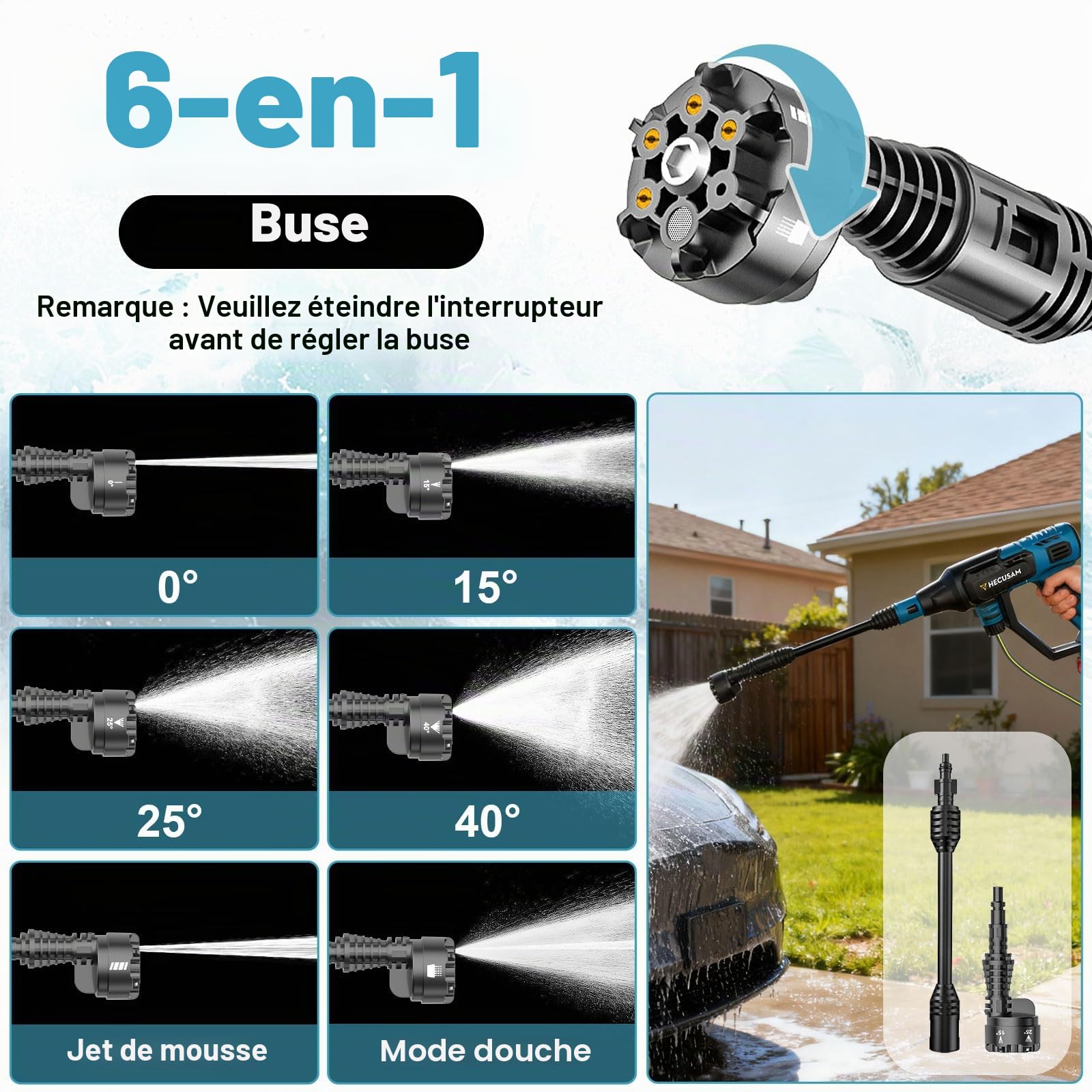 Nettoyeur Haute Pression Sans Fil, Moteur Sans Balais 3000 W,Mode 4 Vitesses,Pression Max 125 Bars, Avec 2 Batteries 4,0 Ah,Buse Pivotante 6 En 1,Brosse De Nettoyage,Tuyau De 5 M,Nettoyage Et Arrosage