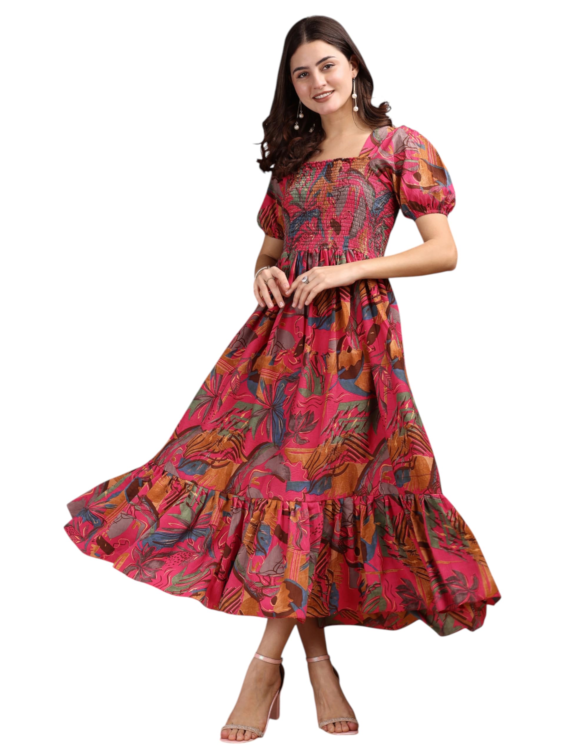 Floral Print Maxi Dress with Smocked Bodice, Puff Sleeves, Navy Blue and Pink-image-39