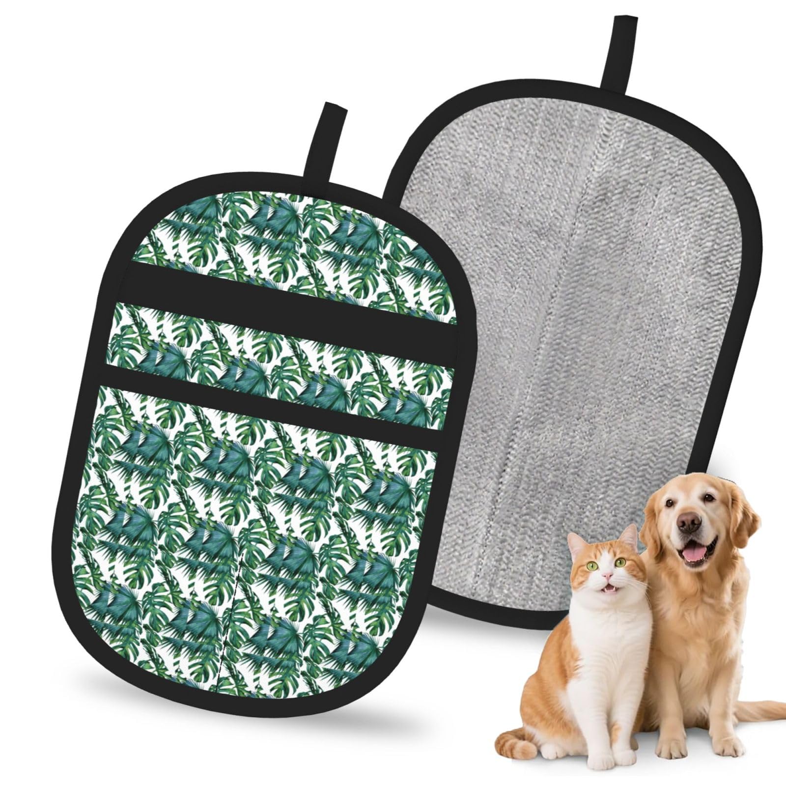 Green Banana Leaves Print Pet Hair Remover Gloves Grooming Cleaning Accessory Reusable Deshedding Tool