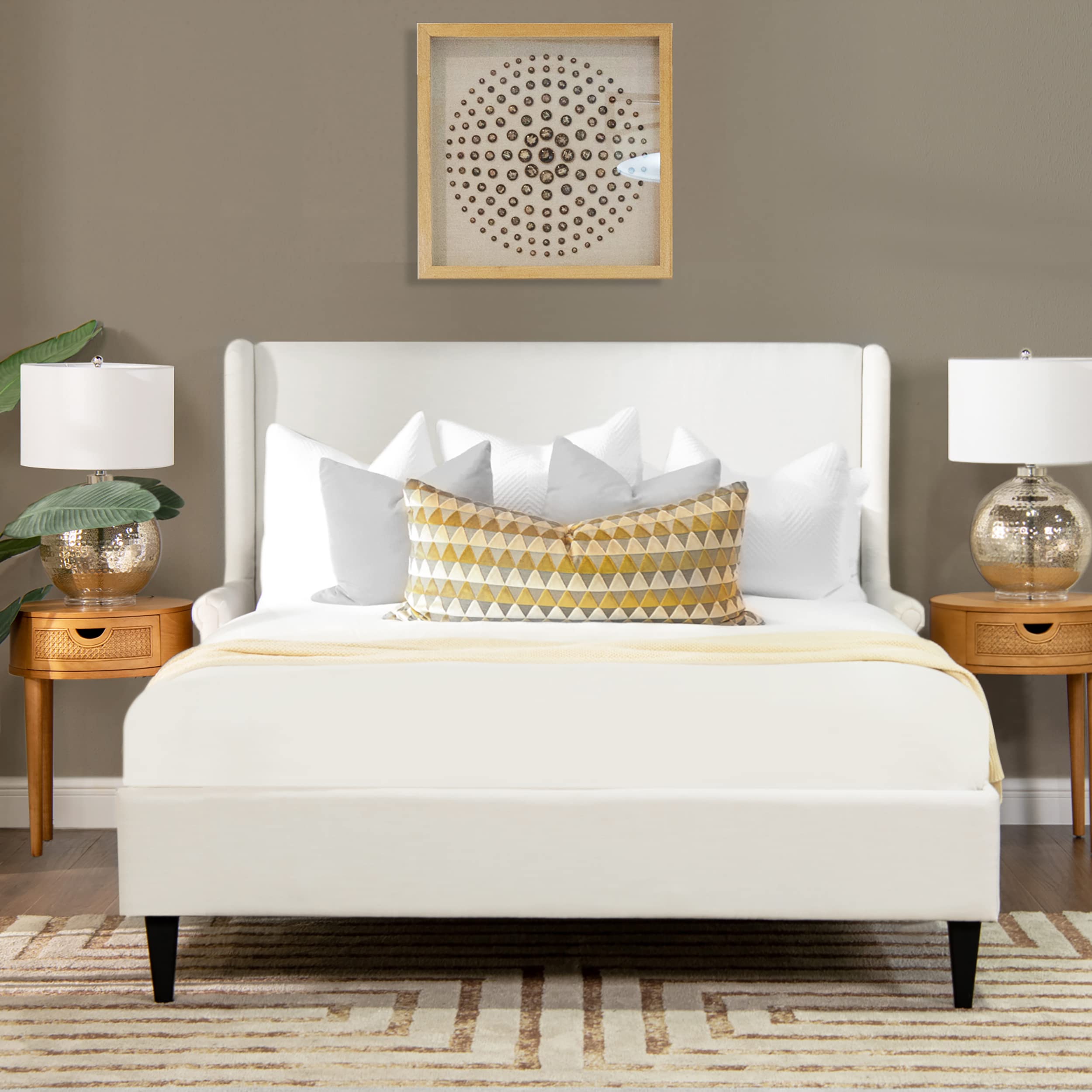 Sandy Wilson Home Amelia Wingback Arm Upholstered Platform Bed, Antique White Polyester