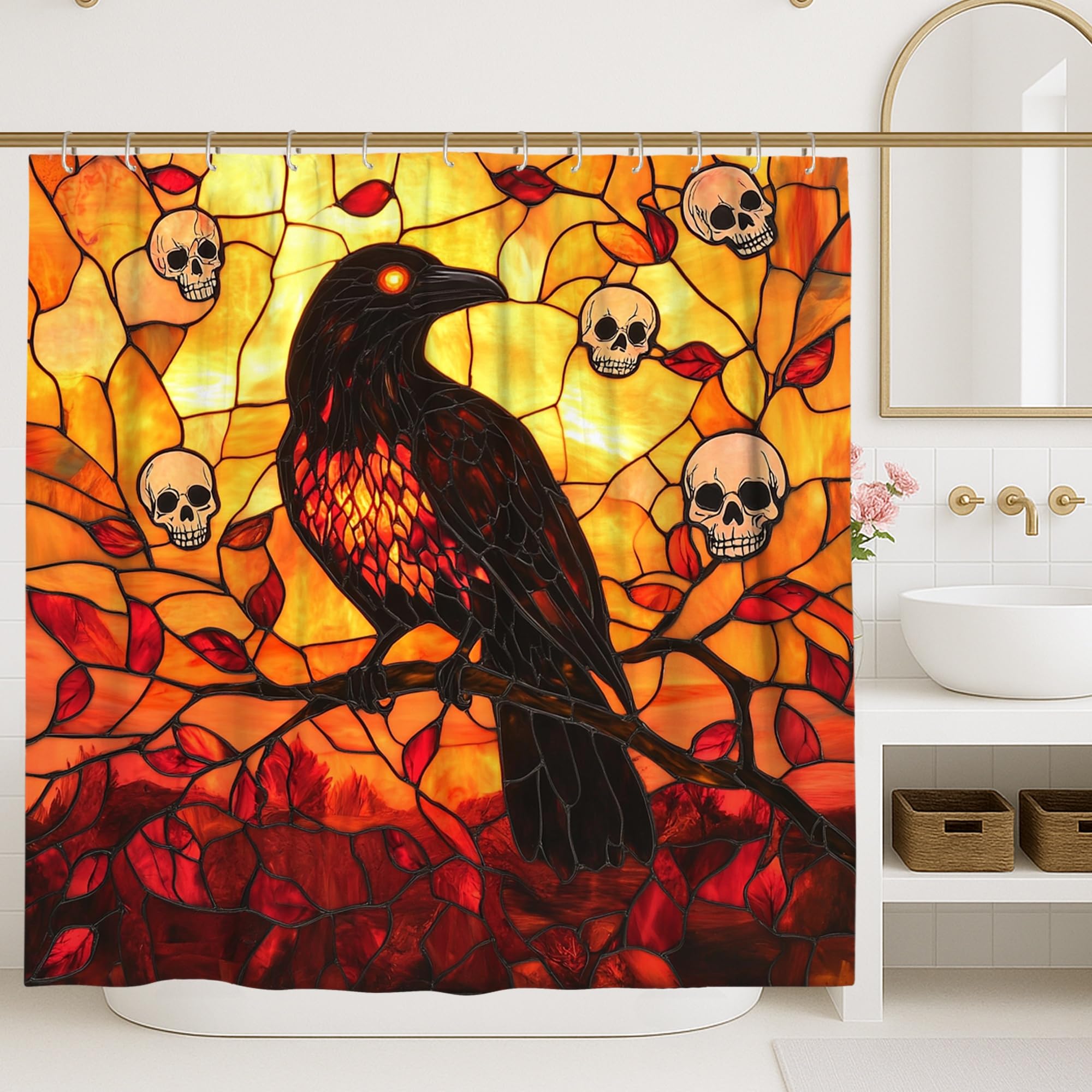 Rideau de douche corbeau pour une déco de salle de bain mystique d'Halloween
