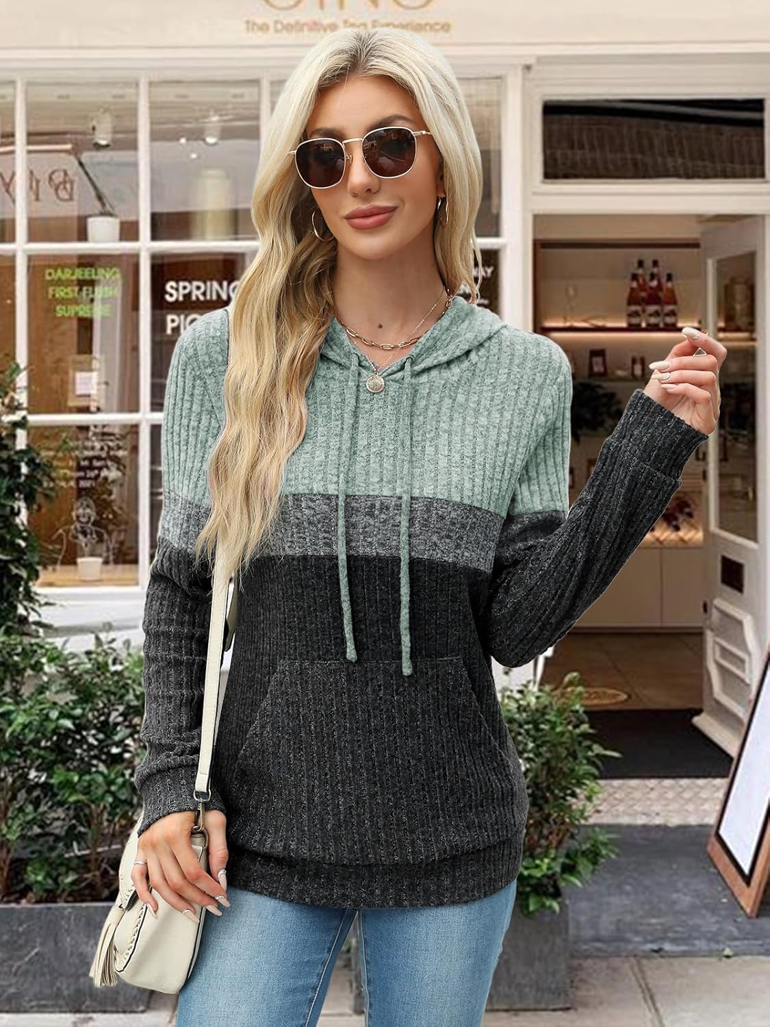 MixShe Women’s Color Block Knit Hoodie – Casual Long Sleeve Pullover Sweater Tops with Pocket - Image 3