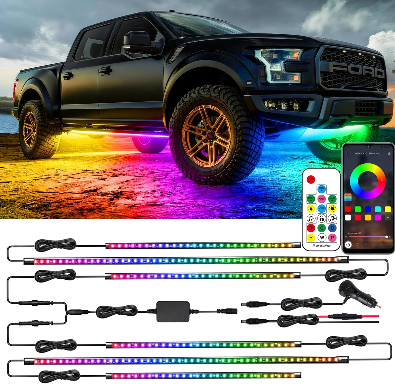 ‌Glowlendra RGB-IC Smart Underglow Lights Kit for Cars, 6PCs Waterproof LED Strip Lights with APP Remote Control, 16 Million Colors Music Sync DIY Modes for SUVs Trucks