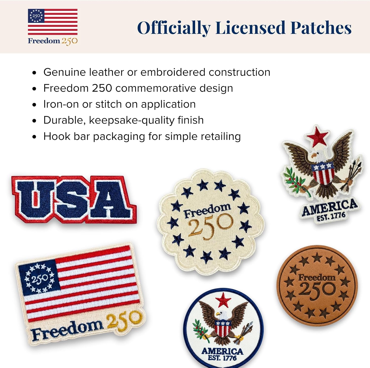 Freedom 250 Heat Press Embroidered Patches Stars Scallop – Officially Licensed F250 Iron-On Appliqués for Jackets, Hats & Bags