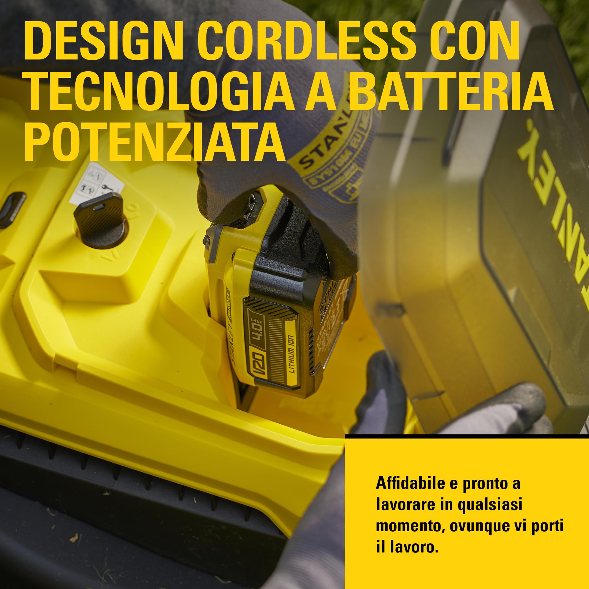 STANLEY V20 Cordless Brushless 34cm Walk-Behind Mower, include batteria Li-Ion 4Ah e caricatore 2A, 18V, SCMWP3401M1-QW