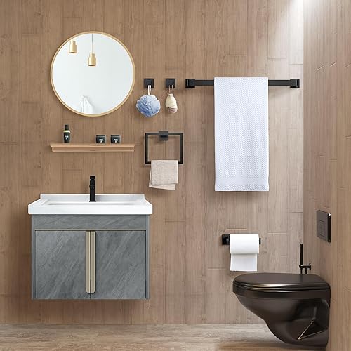 Miniatura 7 de Juego de 5 accesorios para toallero de baño, juego de accesorios de baño de acero inoxidable negro mate, toalleros para baño montado en la pared,