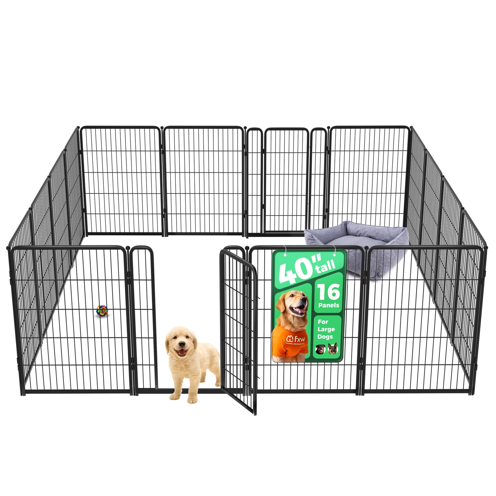 FXW Homeplus Unleashed Indoor Dog Playpen - Stress-Free and Safe Play, Heavy Duty 40 Inch 16 Panels Dog Pen for Medium and Large Dogs, Black│Patented