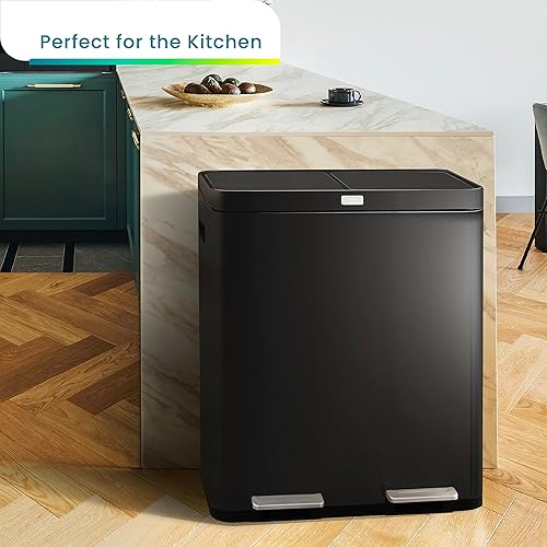 Miniatura 9 de Home Zone Living Bote de basura doble de 16 galones para reciclaje y basura con control de olores CleanAura, capacidad total de 60 litros, negro mate