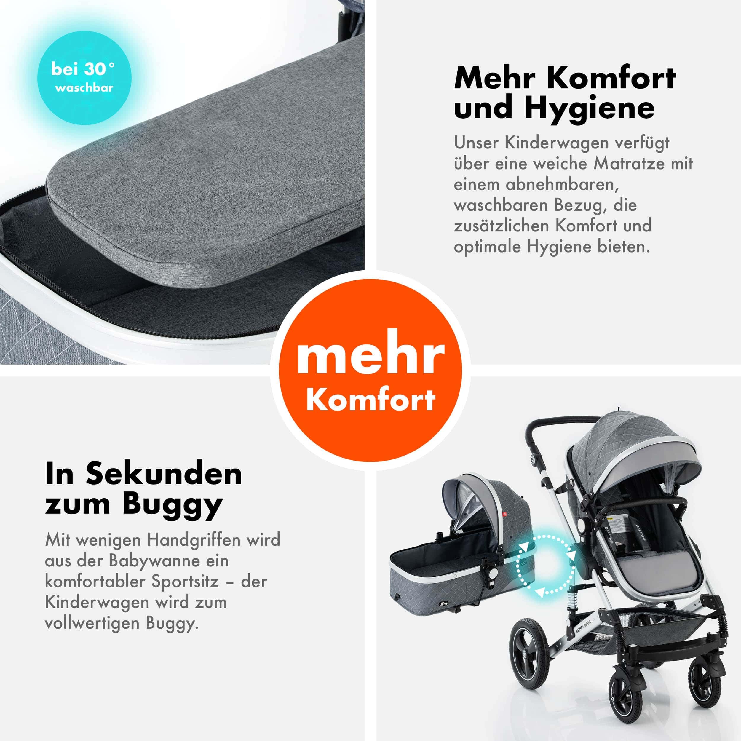 Daliya® BAMBIMO 2in1 Kinderwagen | Kombikinderwagen mit Aluminium-Gestell & Federung | Umbaubar zum Buggy | Wenderichtung beidseitig | Klappbar & platzsparend | Airless-Räder (Grau - Rahmen Silber)