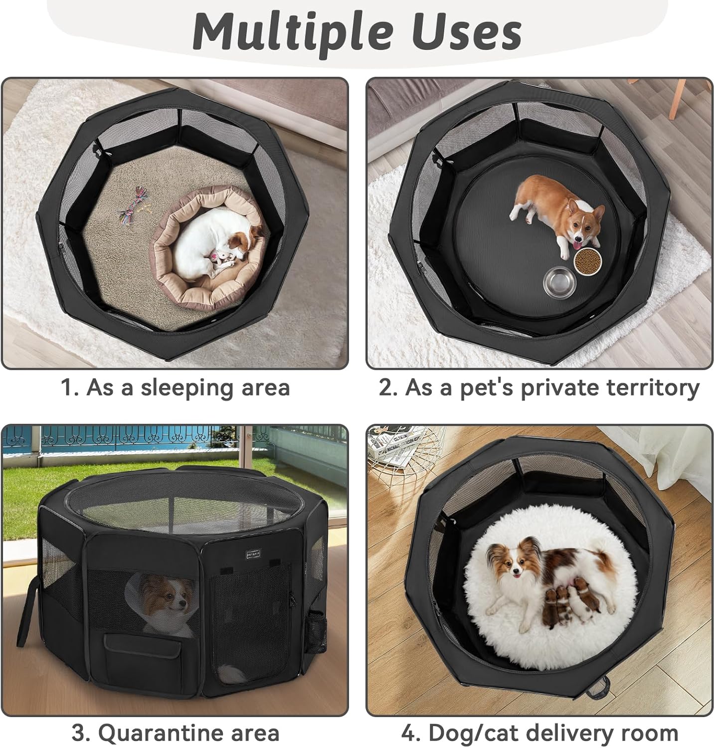PETSFIT Portable Dog Playpen,36" Dog Play Pen Indoors with Removable Waterproof Mat & Zippered Roof | RV, Camping, Travel Dog Pen | Whelping & Cat Observation Space(36" L x 36" W x 21" H)