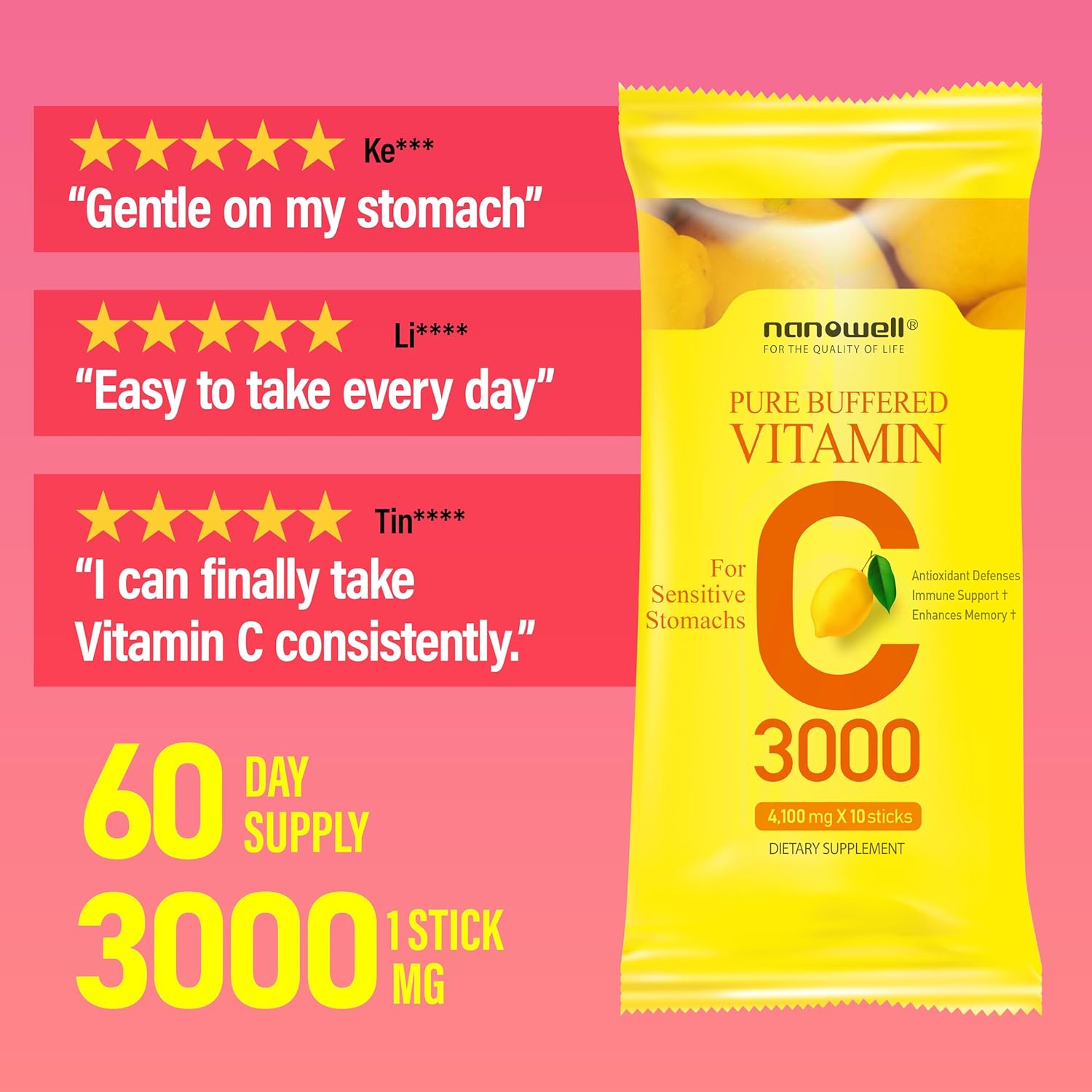 NANOWELL Pure Buffered Vitamin C 3000 mg per Serving, Dietary Supplement for Immune Support - 60 Sticks x 1 Box, 2 Months Supply (60 Count) - Image 2