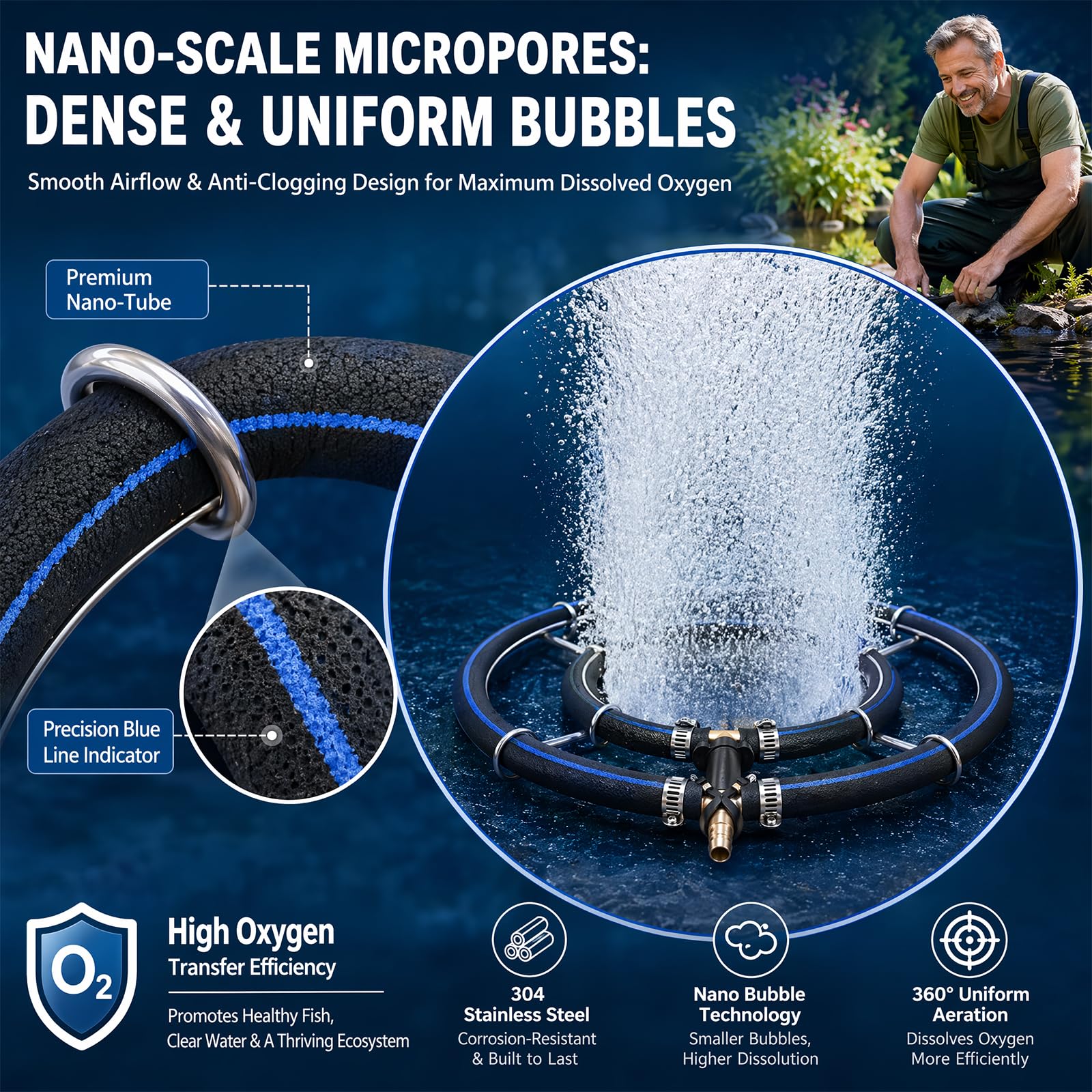 Teichbelüfter Solar 2-in-1 Edelstahl 304 Belüftungsring φ25cm mit 5m Schlauch, Sprudelstein Teich für hohe Sauerstoffanreicherung in Gartenteichen & Aquarien