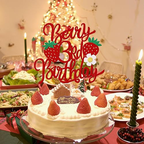 Miniatura 5 de 1 pieza de fresa y bayas para pastel de tercer cumpleaños con purpurina y tema de fruta dulce, selección de pastel de fresa para temática de fresa,