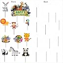 Creative Props Jungle Safari Animal Cake Toppers, Happy Birthday Theme Party Decorations with Tropical Leaves and Wildlife Characters, 23 Pieces gallery image