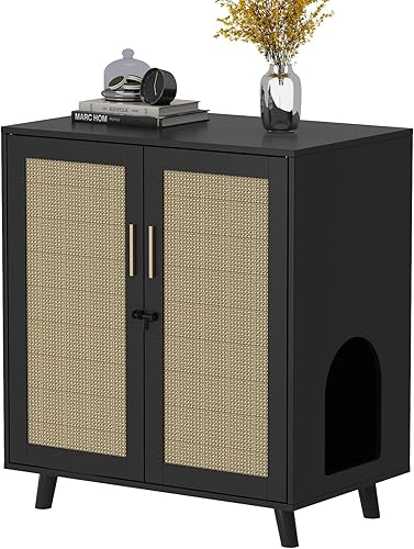 Miniatura 8 de Lovinouse Caja de arena para gatos muebles de baño ocultos para gatos con puertas cubiertas de sisal gabinete de madera de 2 capas con estante