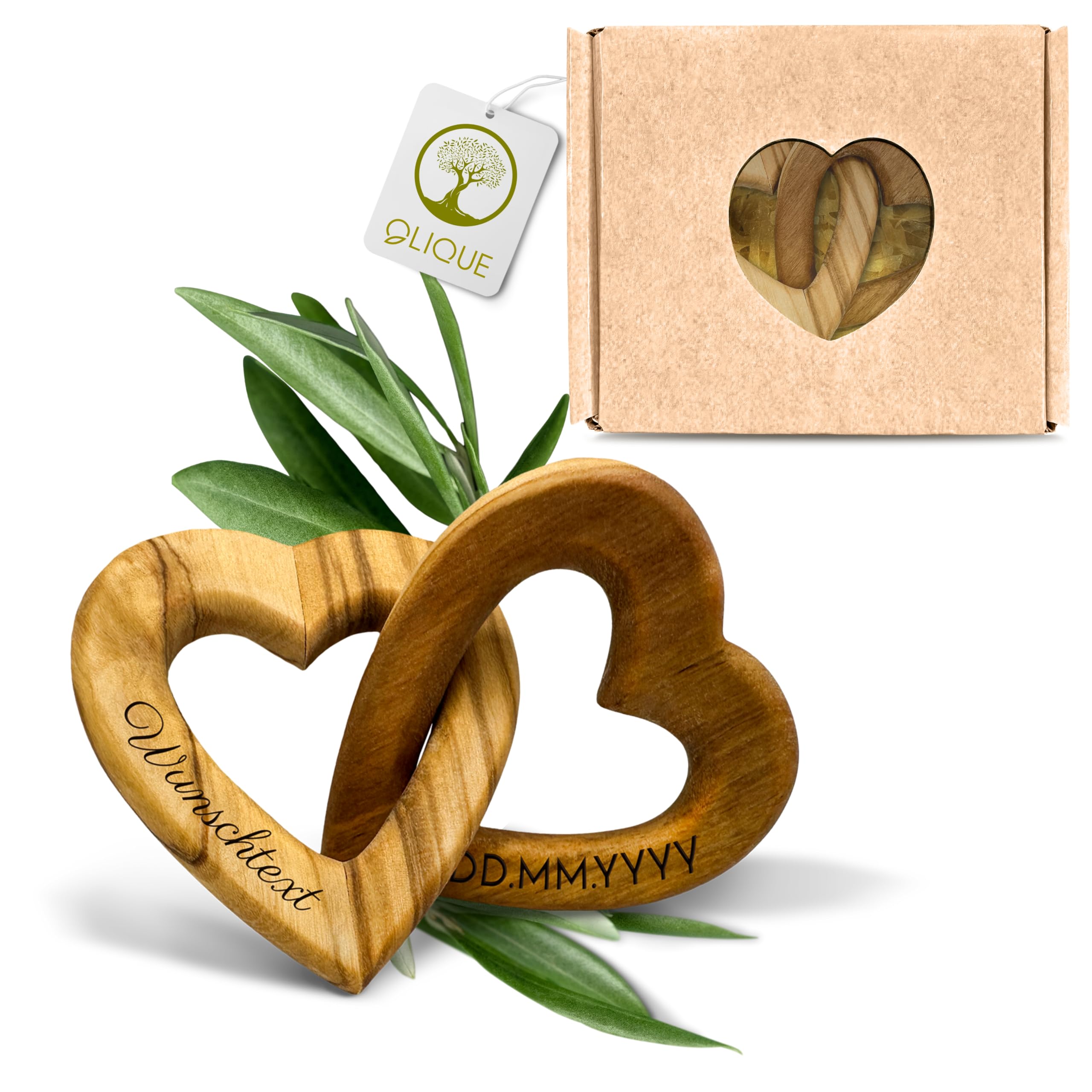 OLIQUE Holzherzen personalisiert, Olivenholz - Verbundene Holz Herzen mit Gravur als individuelles Geschenk zur Hochzeit, Hochzeitstag oder Verlobung (5 cm)