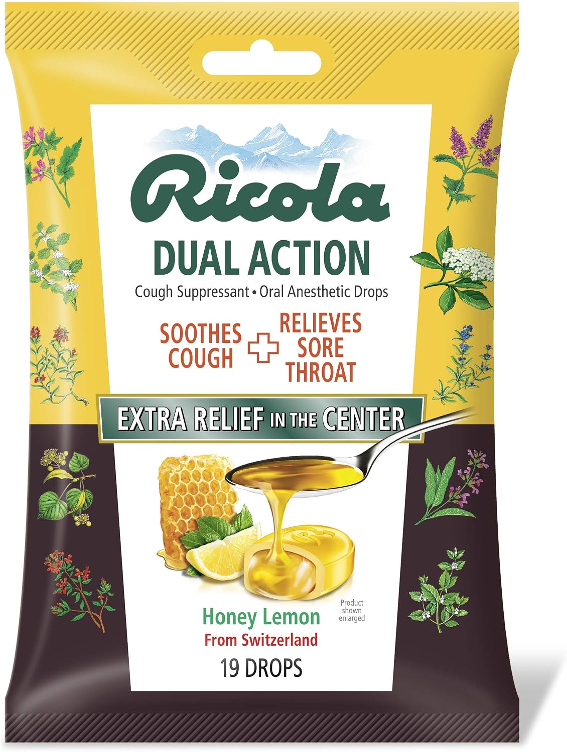 Ricola Dual Action Cough and Throat Drops, Honey-Lemon, 19 Drops, Swiss Natural Herbal Formula with Menthol, Effective Long Lasting Relief, for Coughs, Sore Throats, Colds