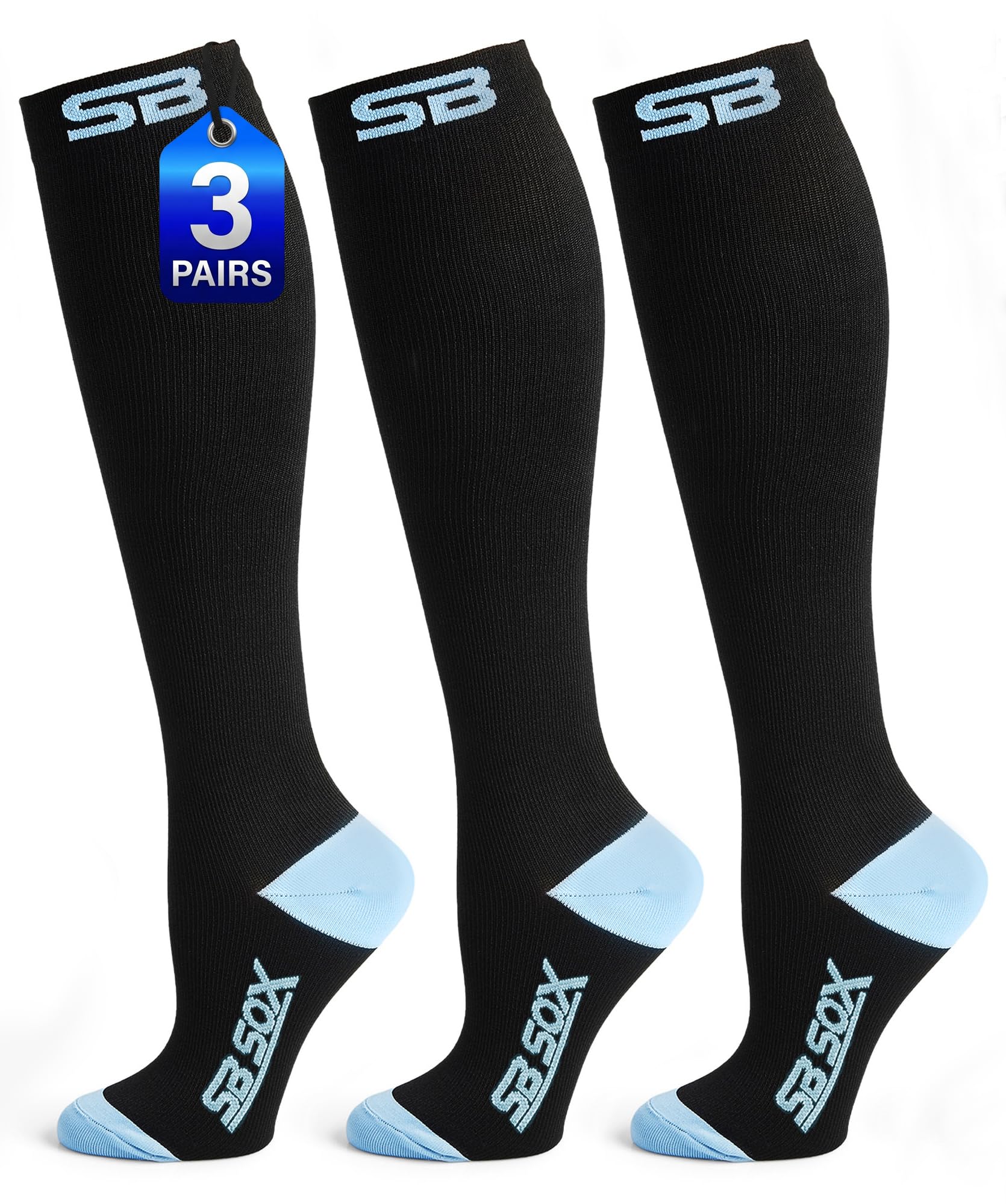 SB SOX 3-Pair Compression Socks, 15-20mmHg (Black/Blue, S/M)