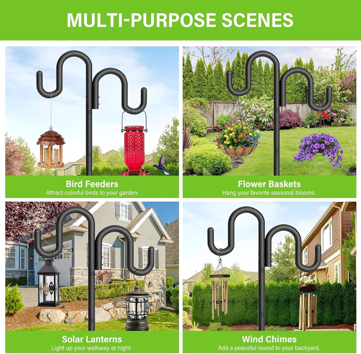 Double Shepherd Hook for Outdoor, 60" Heavy Duty Bird Feeder Pole with 5-Prong Base, Adjustable Thickened Shepherd Hook for Bird Feeder, Flower Baskets, Solar Lights, Lanterns, Black, 2 Pack