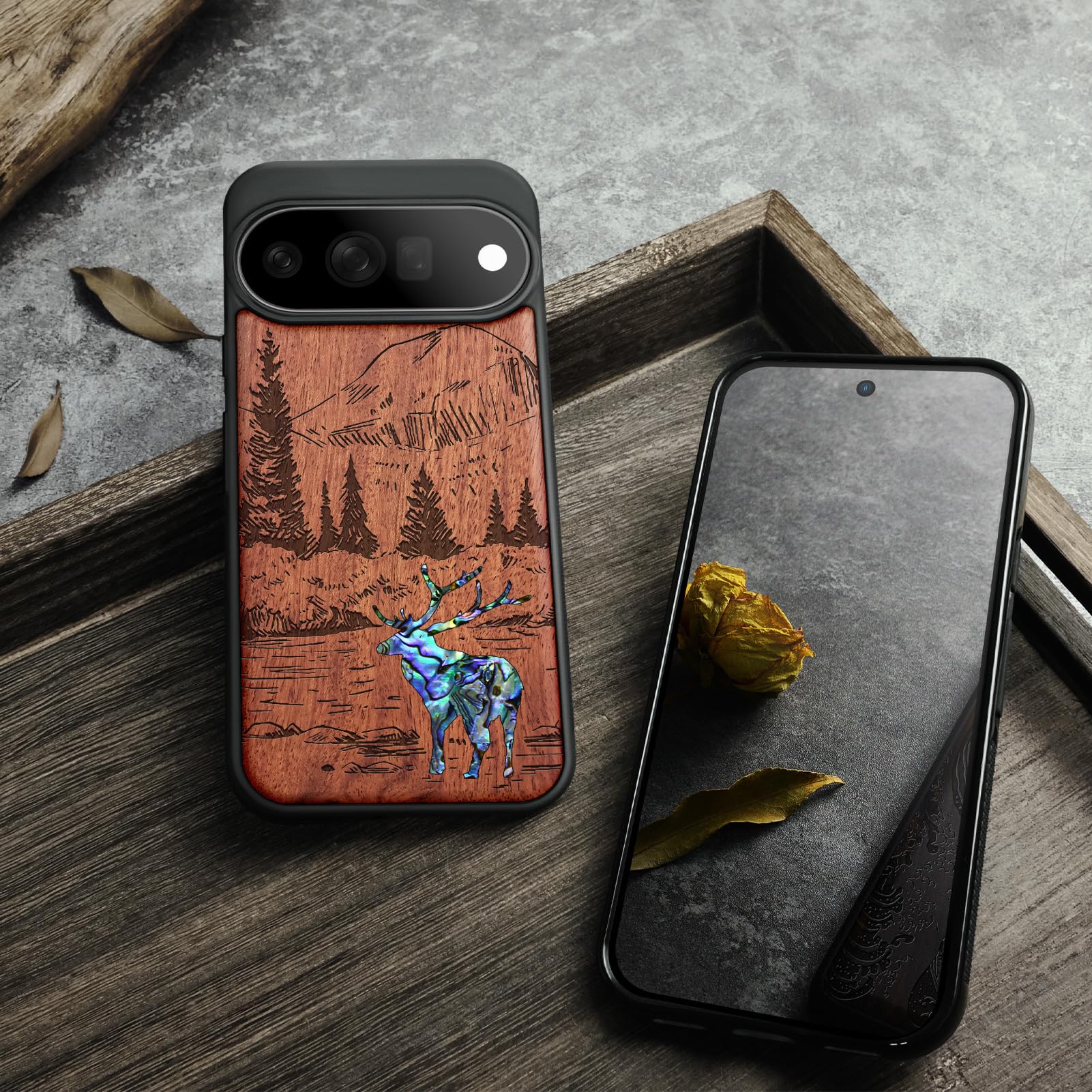 Carveit Madera Funda para Google Pixel 11 (Rosa-Ciervo del Bosque)