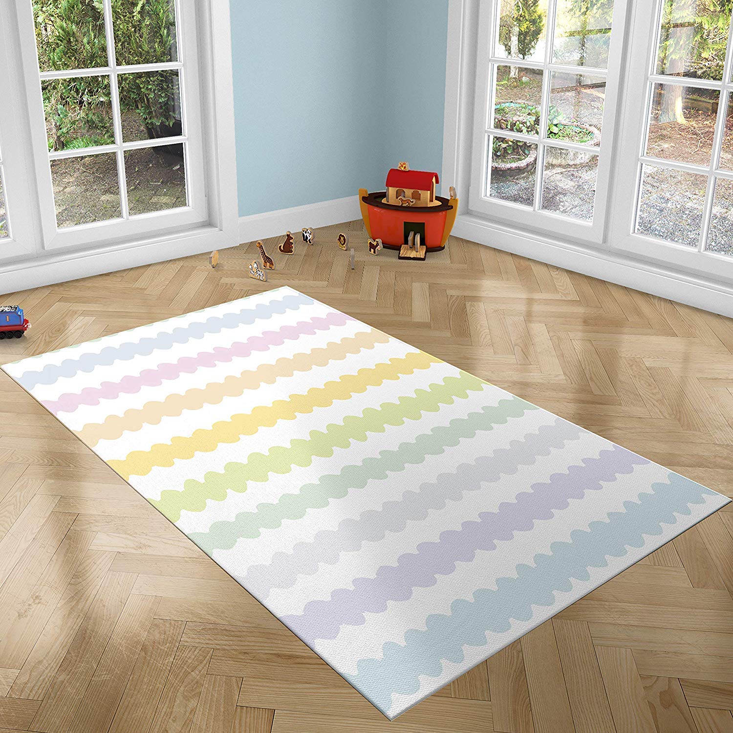 Tappeto per bambini a righe colorate per camere in PVC, varie misure, tappeto in PVC, pavimento vinilico, decorazione per la casa, pavimento Sintasol, pavimento di protezione per bambini 95x200cm